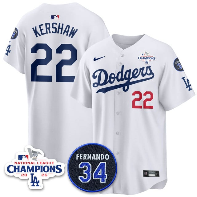 Los Angeles Dodgers 2025 NL Champions Jersey white #22 Clayton Kershaw
