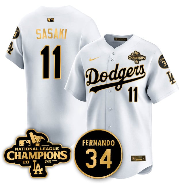 Los Angeles Dodgers 2025 NL Champions Jersey white gold #11 Roki Sasaki