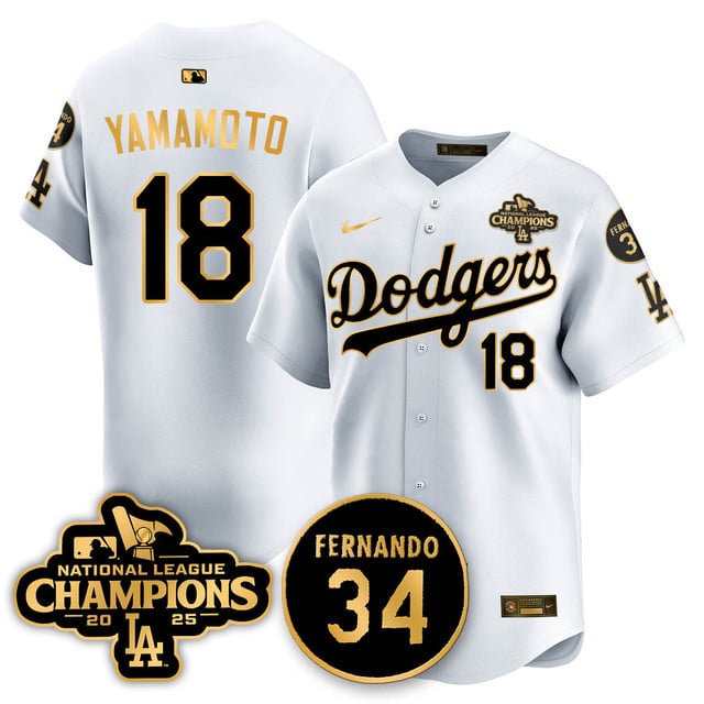 Los Angeles Dodgers 2025 NL Champions Jersey white gold #18 Yoshinobu Yamamoto