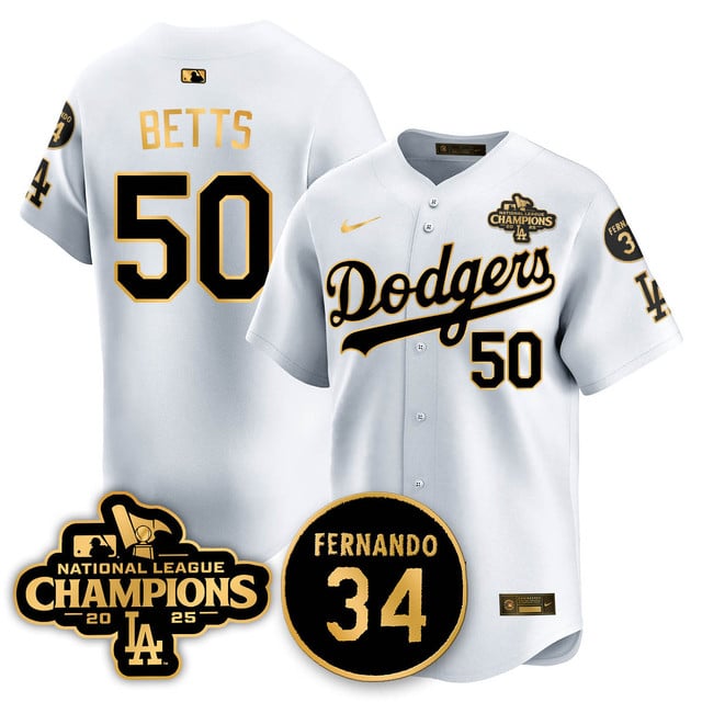 Los Angeles Dodgers 2025 NL Champions Jersey white gold #50 Mookie Betts