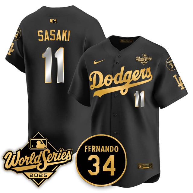 Los Angeles Dodgers 2025 National League Champions Jersey black gold #11 Roki Sasaki