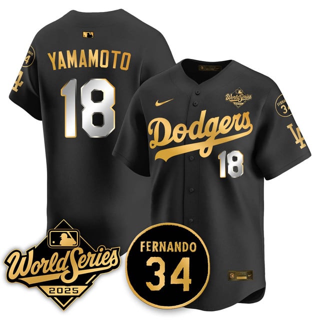 Los Angeles Dodgers 2025 National League Champions Jersey black gold #18 Yoshinobu Yamamoto