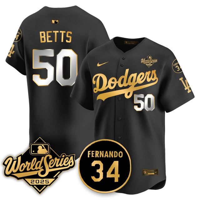 Los Angeles Dodgers 2025 National League Champions Jersey black gold #50 Mookie Betts