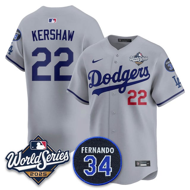 Los Angeles Dodgers 2025 National League Champions Jersey gray #22 Clayton Kershaw