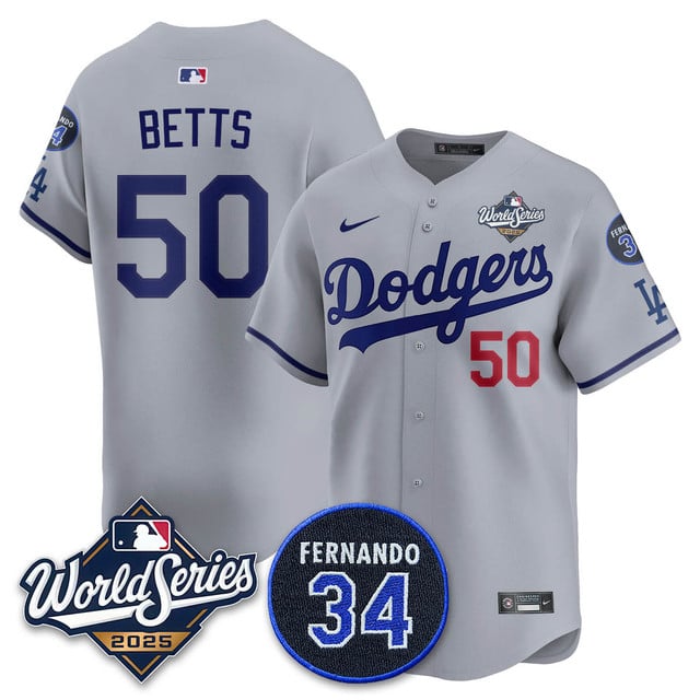 Los Angeles Dodgers 2025 National League Champions Jersey gray #50 Mookie Betts