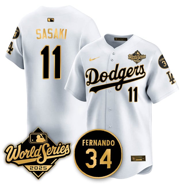 Los Angeles Dodgers 2025 National League Champions Jersey white gold #11 Roki Sasaki