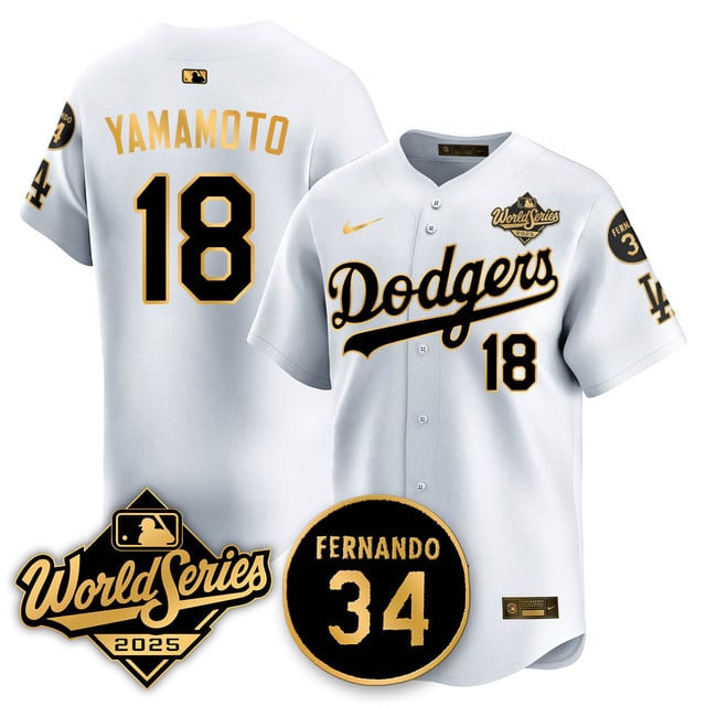 Los Angeles Dodgers 2025 National League Champions Jersey white gold #18 Yoshinobu Yamamoto