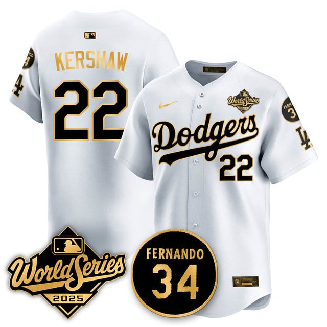 Los Angeles Dodgers 2025 National League Champions Jersey white gold #22 Clayton Kershaw