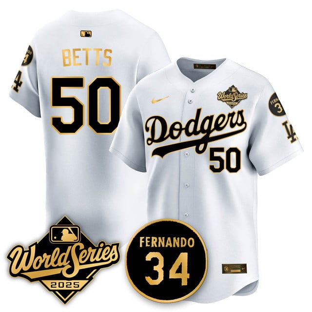 Los Angeles Dodgers 2025 National League Champions Jersey white gold #50 Mookie Betts