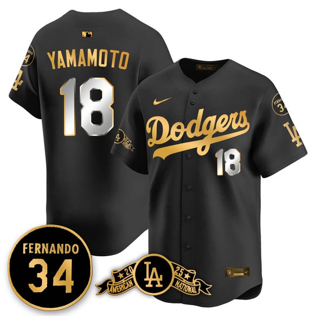 Los Angeles Dodgers 2025 National League Champions Jersey2 black gold #18 Yoshinobu Yamamoto