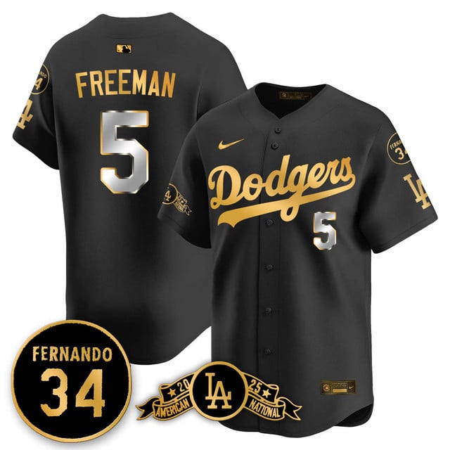 Los Angeles Dodgers 2025 National League Champions Jersey2 black gold #5 Freddie Freeman