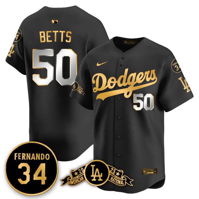 Los Angeles Dodgers 2025 National League Champions Jersey2 black gold #50 Mookie Betts