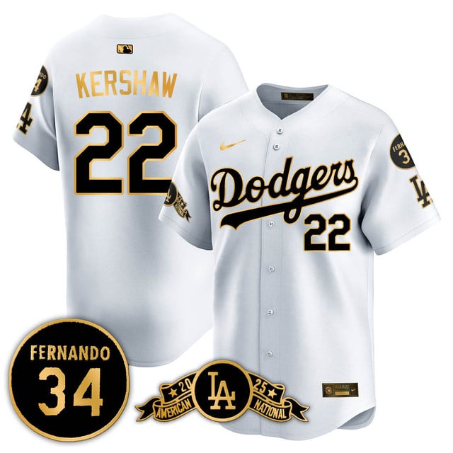 Los Angeles Dodgers 2025 National League Champions Jersey2 gold trim #22 Clayton Kershaw