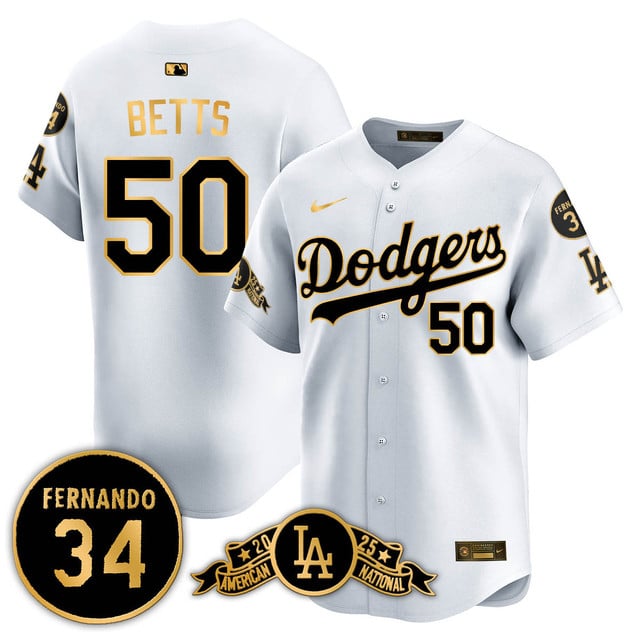 Los Angeles Dodgers 2025 National League Champions Jersey2 gold trim #50 Mookie Betts
