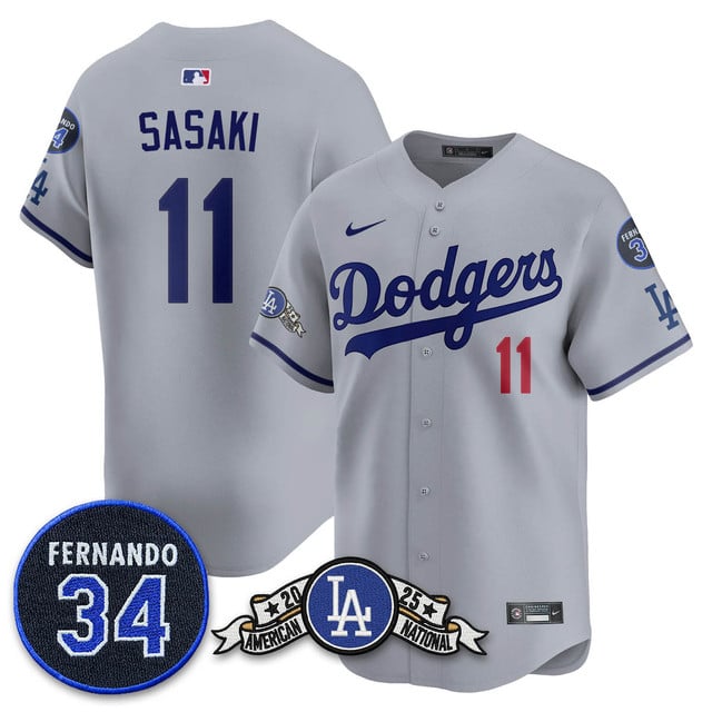Los Angeles Dodgers 2025 National League Champions Jersey2 gray #11 Roki Sasaki