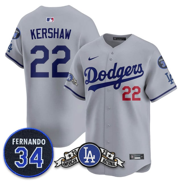 Los Angeles Dodgers 2025 National League Champions Jersey2 gray #22 Clayton Kershaw