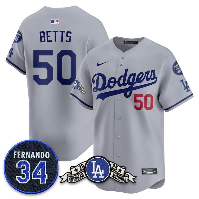 Los Angeles Dodgers 2025 National League Champions Jersey2 gray #50 Mookie Betts