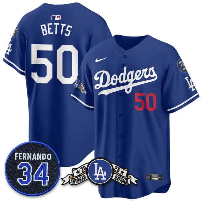 Los Angeles Dodgers 2025 National League Champions Jersey2 royal #50 Mookie Betts