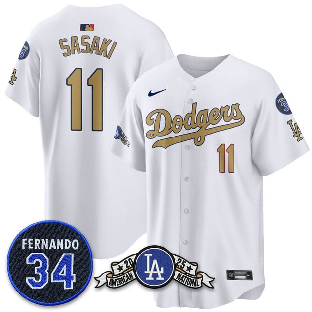 Los Angeles Dodgers 2025 National League Champions Jersey2 white gold #11 Roki Sasaki