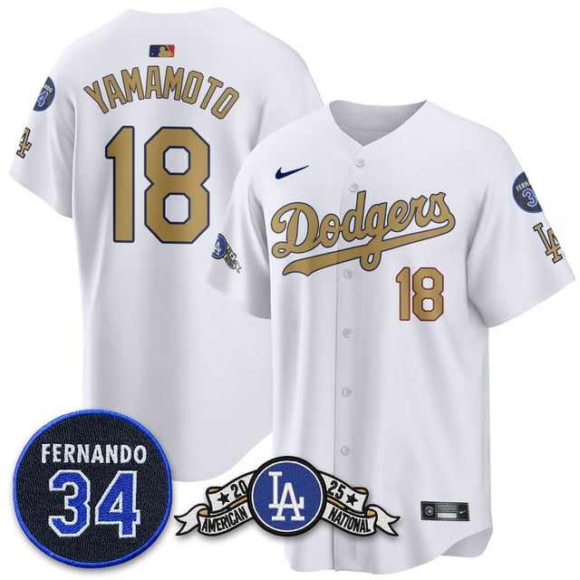 Los Angeles Dodgers 2025 National League Champions Jersey2 white gold #18 Yoshinobu Yamamoto