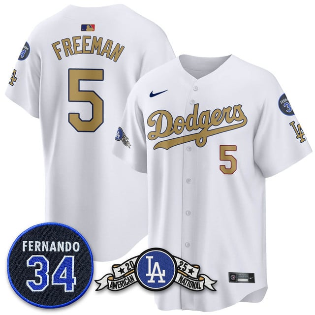Los Angeles Dodgers 2025 National League Champions Jersey2 white gold #5 Freddie Freeman
