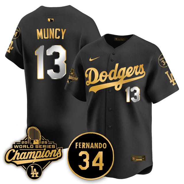 Los Angeles Dodgers 2025 World Series Champions Jersey black gold #13 Max Muncy