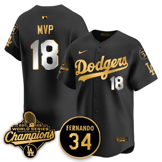 Los Angeles Dodgers 2025 World Series Champions Jersey black gold #18 MVP