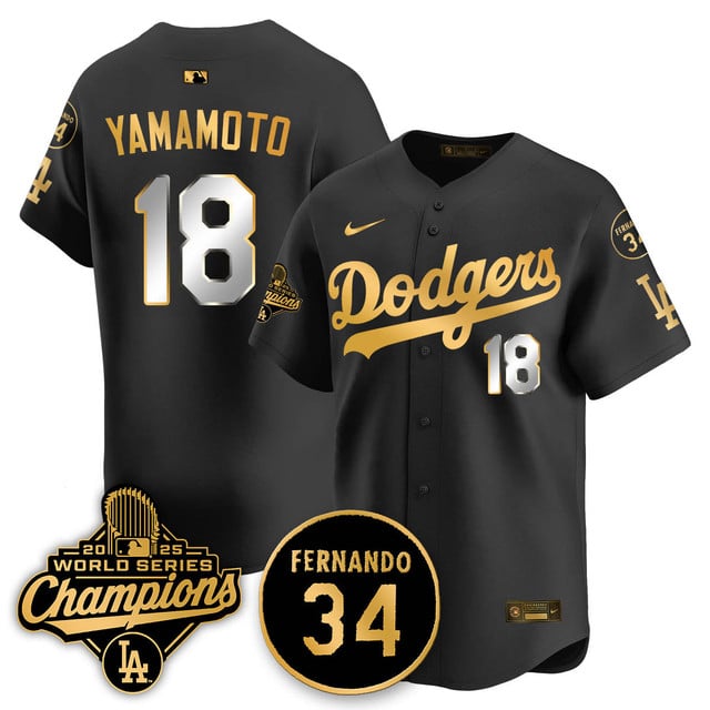 Los Angeles Dodgers 2025 World Series Champions Jersey black gold #18 Yoshinobu Yamamoto