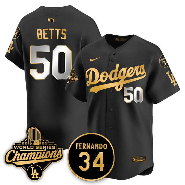 Los Angeles Dodgers 2025 World Series Champions Jersey black gold #50 Mookie Betts