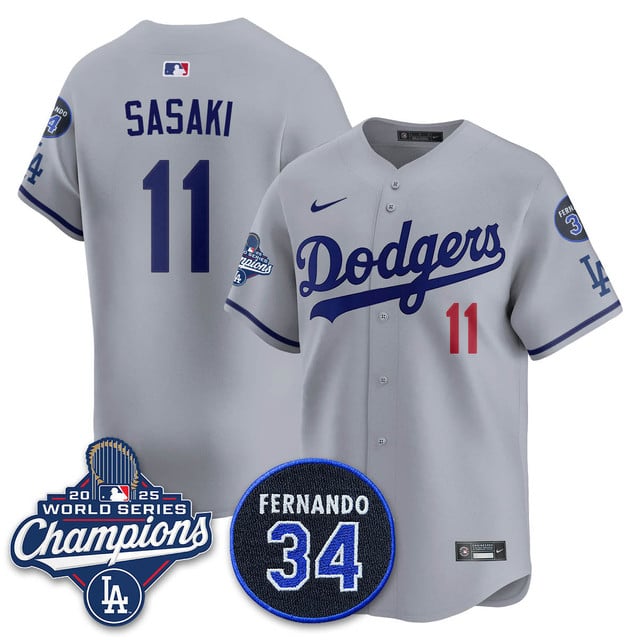 Los Angeles Dodgers 2025 World Series Champions Jersey gray #11 Roki Sasaki