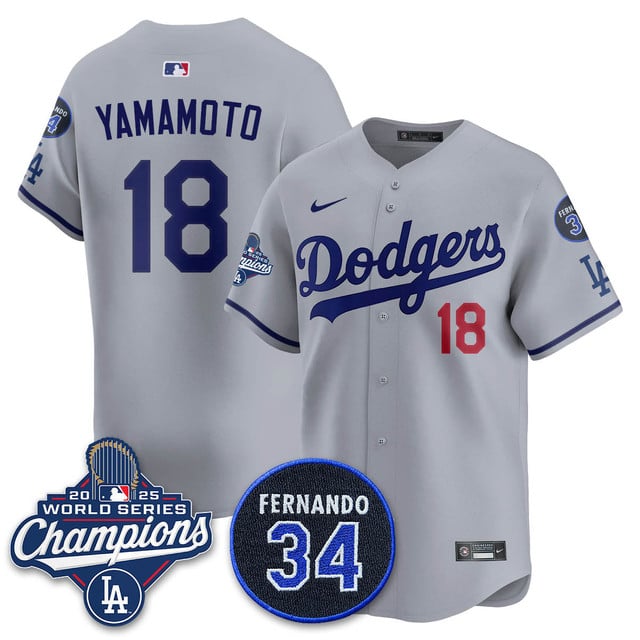 Los Angeles Dodgers 2025 World Series Champions Jersey gray #18 Yoshinobu Yamamoto