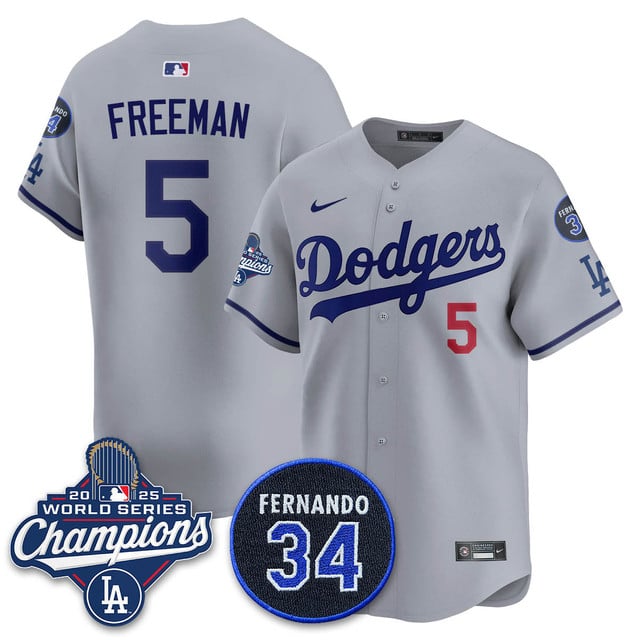 Los Angeles Dodgers 2025 World Series Champions Jersey gray #5 Freddie Freeman