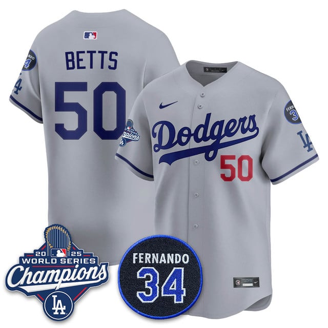 Los Angeles Dodgers 2025 World Series Champions Jersey gray #50 Mookie Betts
