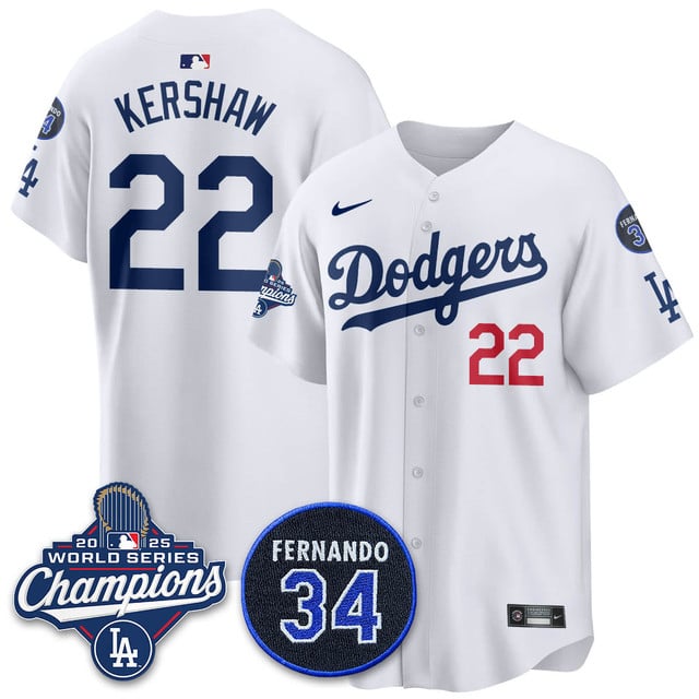 Los Angeles Dodgers 2025 World Series Champions Jersey white #22 Clayton Kershaw