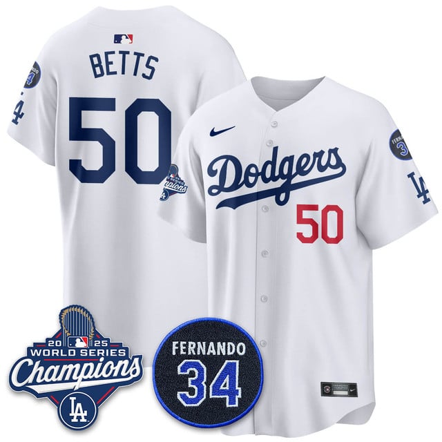Los Angeles Dodgers 2025 World Series Champions Jersey white #50 Mookie Betts