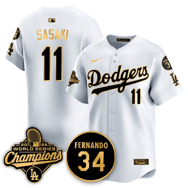 Los Angeles Dodgers 2025 World Series Champions Jersey white gold #11 Roki Sasaki