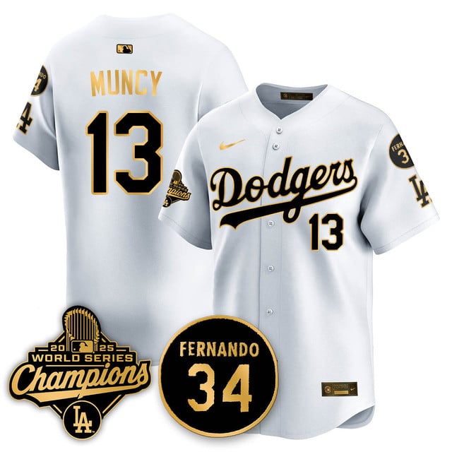 Los Angeles Dodgers 2025 World Series Champions Jersey white gold #13 Max Muncy