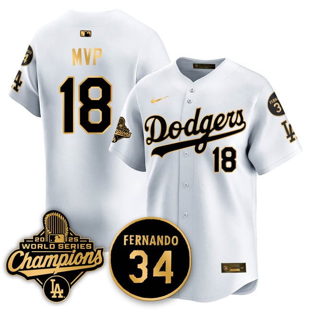 Los Angeles Dodgers 2025 World Series Champions Jersey white gold #18 MVP