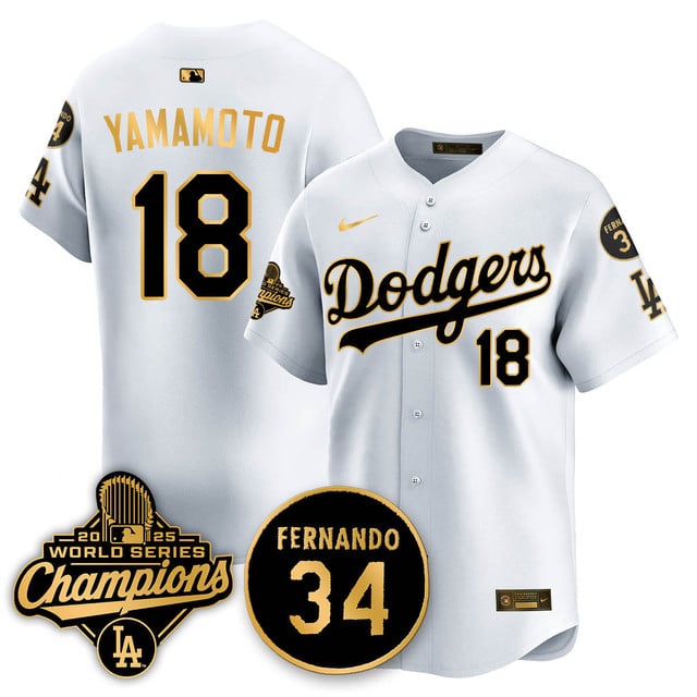 Los Angeles Dodgers 2025 World Series Champions Jersey white gold #18 Yoshinobu Yamamoto