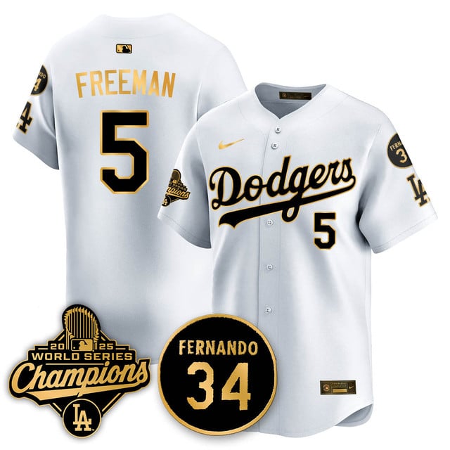 Los Angeles Dodgers 2025 World Series Champions Jersey white gold #5 Freddie Freeman