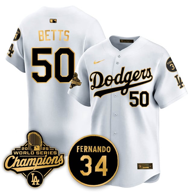 Los Angeles Dodgers 2025 World Series Champions Jersey white gold #50 Mookie Betts