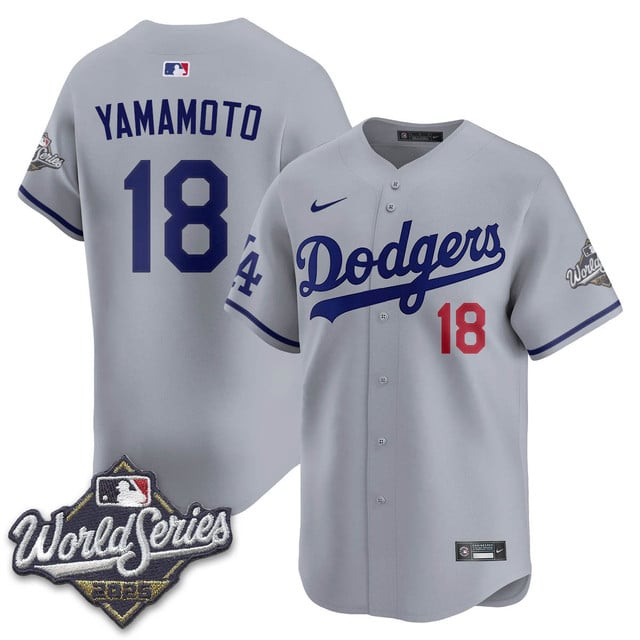 Los Angeles Dodgers 2025 World Series Jersey gray #18 Yoshinobu Yamamoto