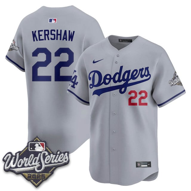 Los Angeles Dodgers 2025 World Series Jersey gray #22 Clayton Kershaw