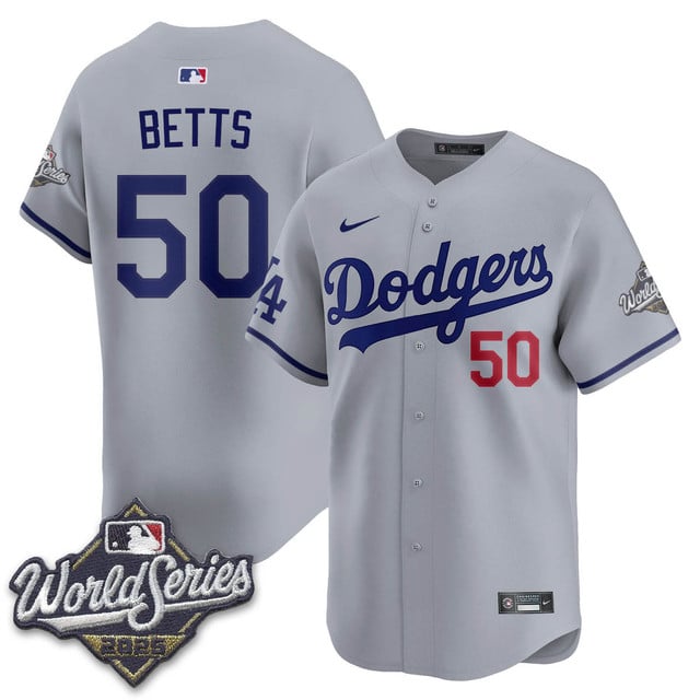 Los Angeles Dodgers 2025 World Series Jersey gray #50 Mookie Betts