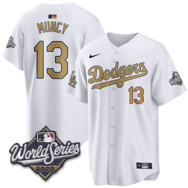 Los Angeles Dodgers 2025 World Series Jersey white gold #13 Max Muncy