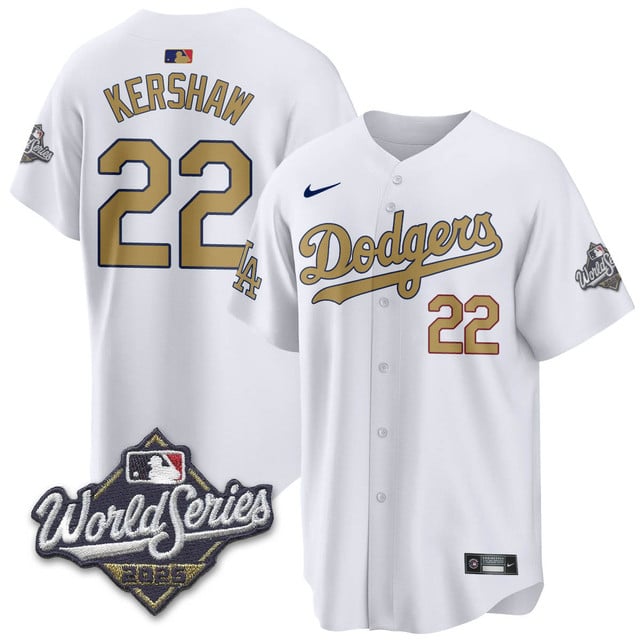 Los Angeles Dodgers 2025 World Series Jersey white gold #22 Clayton Kershaw