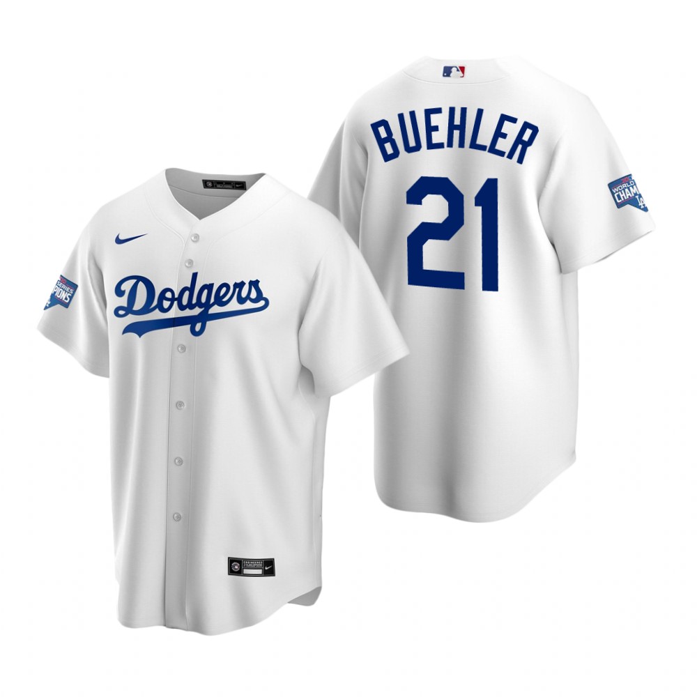 Los Angeles Dodgers 21 Walker Buehler White 2020 World Series Champions Replica Jersey