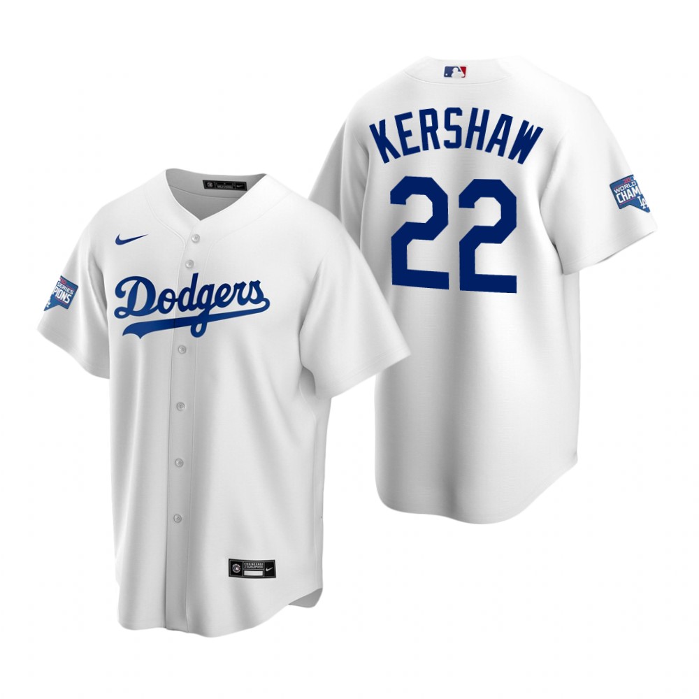 Los Angeles Dodgers 22 Clayton Kershaw White 2020 World Series Champions Replica Jersey