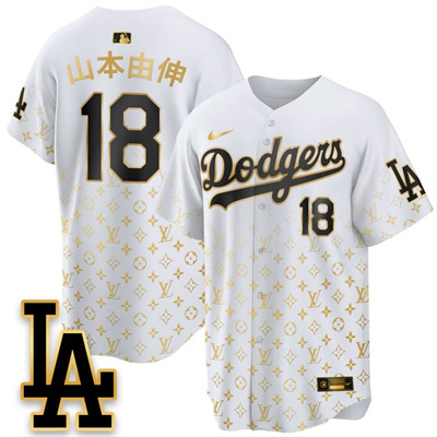 Los Angeles Dodgers Luxury Jersey white gold #18 Yoshinobu Yamamoto (kanji)