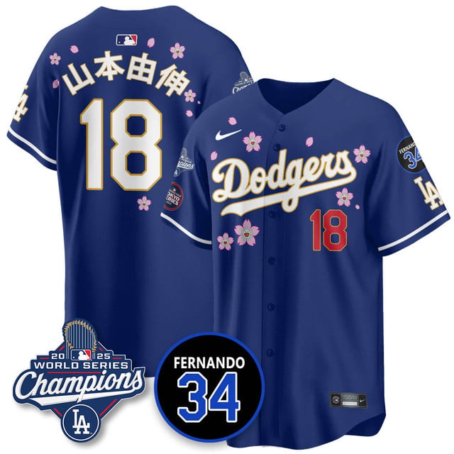 Los Angeles Dodgers Tokyo 2025 World Series Champions Jersey #18 Yoshinobu Yamamoto (kanji)